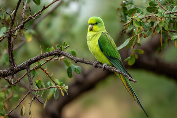 Bright green parrot perched on a branch bird nature