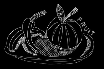 Black and white hand drawn illustration of fruits. Apple and bananas. Hand drawn white drawing on black background. Healthy diet. Healthy lifestyle. Vitamins in fruits