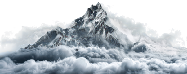 dark snow covered mountains landscape surrounded by smoke and clouds isolated on white or transparent png