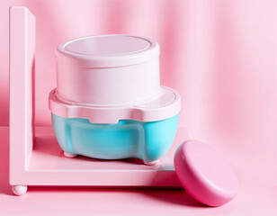 Pink and Blue Baby Powder Container Set with Lid and Sponge on Pink Background