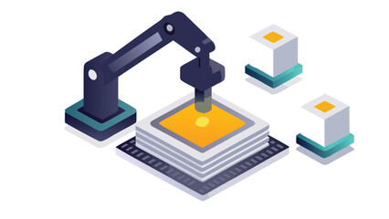 Robotic arm working on a chip with cubes on the side in an isometric view representing technology