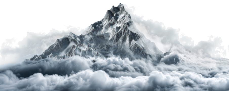 dark snow covered mountains landscape surrounded by smoke and clouds isolated on white or transparent png