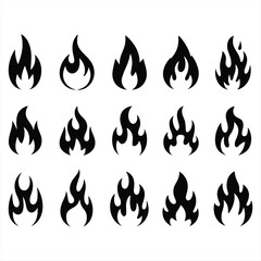 Collection of fifteen stylized black fire icons silhouette