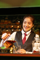 Bartender Serve Whiskey, on wood bar, 