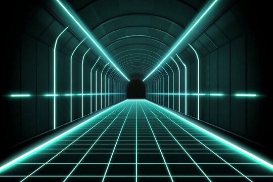 Digital tunnel with neon green lights creating a futuristic atmosphere for exploration and creativity