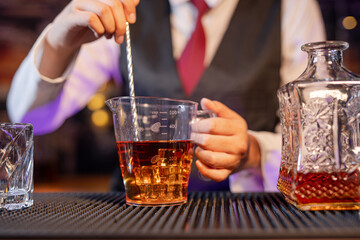 Bartender Serve Whiskey, on wood bar, 