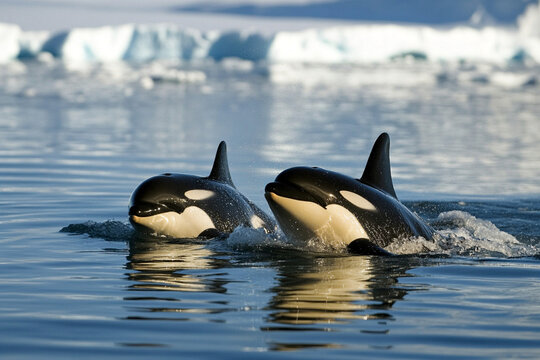 Pod of orcas swimming gracefully near the icy edge of a pristine arctic sea at dawn