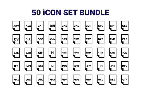 50 File Type Icon Set Bundle | TIFF, AI, BMP, GIF, ICO, JPG, PNG, PSD, SWF, PS, TGA, MOV, MP3, MP4, AVI, PDF, DW, FW, FL, Fb, Pr, Ae, Au, Sg, En, Br, AAC, AIFF, ALAC, FLAC, OGG, PCM, WAV, 3GP, AVCHD