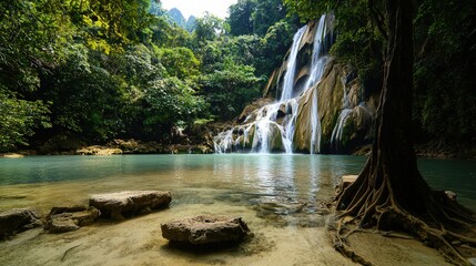 Majestic waterfall cascading into serene pool tropical jungle paradise high-resolution nature photography lush greenery aesthetic viewpoint