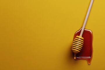 Radiant yellow honey with a honey dipper on a vibrant background creates a warm and inviting atmosphere