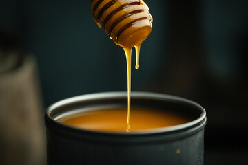 Honey drips from a wooden dipper into a dark container, showcasing a vibrant yellow color and a delightful texture