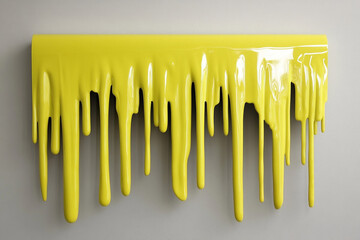 Dripping honey-like yellow paint creating a radiant effect on a smooth wall surface in an artistic display at midday