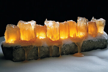 Radiant yellow ice cubes with honey-like drips create a stunning light display on a dark background
