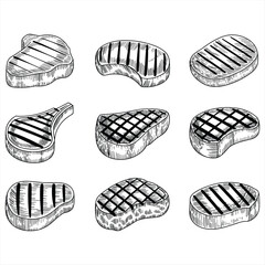 Collection of grilled steaks in a hand drawn silhouette style