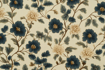 Floral pattern featuring light and dark blue flowers set against a beige background