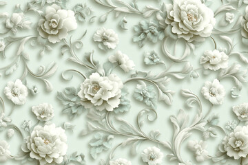 Repeating floral pattern featuring soft green tones and intricate detailing on delicate blooms and vines