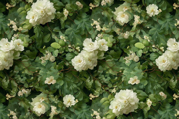 Floral pattern featuring delicate blooms and lush green foliage in a tranquil design for home decor