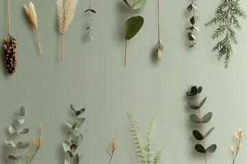 Floral pattern showcasing delicate greenery and botanical elements against a soft green background in natural light
