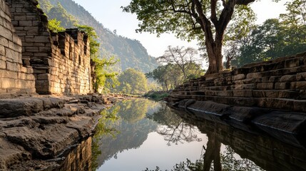 Tranquil river reflection ancient stone ruins nature scene peaceful landscape low angle view serenity concept