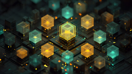 Quantum computing core with luminous cubes and light grids in an isometric composition featuring teal and gold neon highlights against a dark sci-fi backdrop