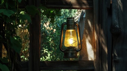 Antique lantern hanging in wooden frame, lush greenery