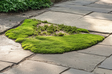 Moss shaped like a tiny forest landscape thriving between stone tiles in a serene outdoor environment