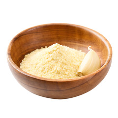 Garlic powder and clove in wooden bowl isolated on a transparent background