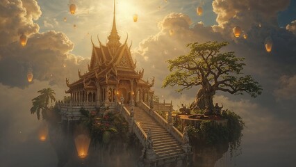 Majestic Golden Temple on Floating Island with Lanterns and Waterfalls in the Sky.