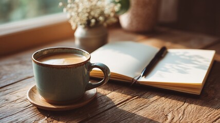 テーブルの上に置かれた文房具とコーヒーの背景