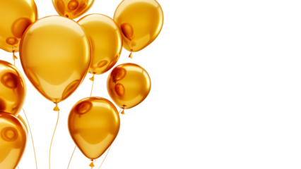 Golden balloons floating isolated on a transparent background