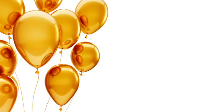 Golden balloons floating isolated on a transparent background