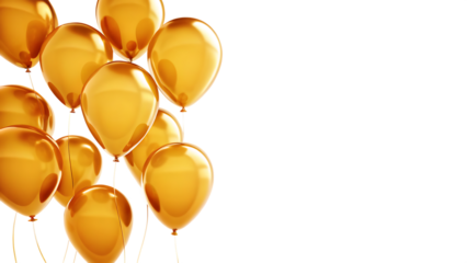 Golden balloons floating on isolated on a transparent background