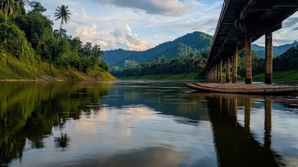 Fototapeta premium River reflection scenic bridge serene landscape lush mountains tranquil waters nature photography