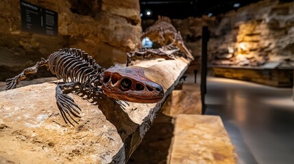 Exploring fossilized creatures a museum exhibit in a dimly lit environment of scientific discovery