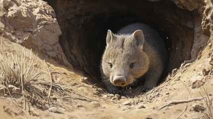 Obraz premium A wombat peeks from its burrow in the desert.