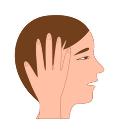 Face with hand gently placed over ear, side view. Vector.