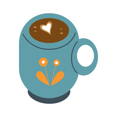 Blue coffee mug with heart-shaped foam art. Vector image.