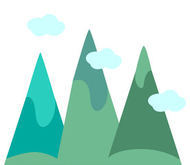 Three green mountains with clouds in flat style. Vector.