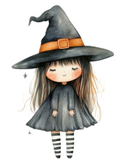 Cute little witch in black dress and striped socks, watercolor Halloween illustration on transparent background
