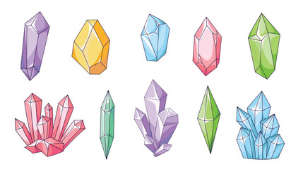 A set of crystals of different shapes and colors. Gems, diamonds, and ice that reflect light. Elements of magic, witchcraft, and alchemy