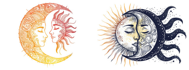 Sun and moon celestial watercolor style artwork set on transparent background