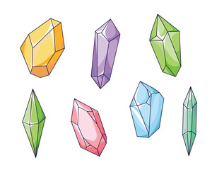 A set of colored crystals of different shapes. Gems, ice, and diamonds of various geometric shapes that reflect light. Elements of witchcraft and magic