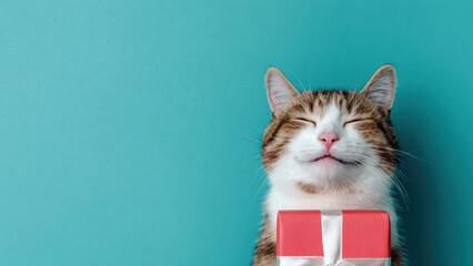 Funny cat holding gift box with happy expression