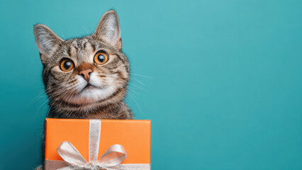 Funny cat holding gift box with happy expression