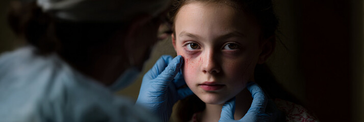 A young girl with a bruised face being examined by a doctor wearing blue gloves in a dimly lit room