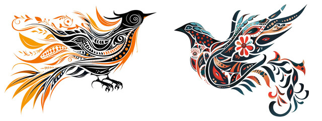 Two decorative birds on transparent background