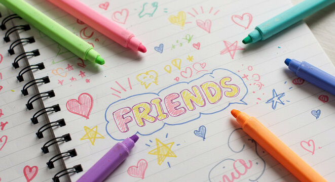 Colorful markers around doodled notebook paper with "Friends" title  