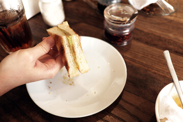 Toasted kaya toast triangles, a delightful sweet treat ready for a quick bite. South east asian...