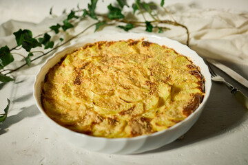 Deliciously baked gratin with golden crust served on a white rustic table