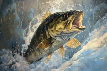 Largemouth bass energetically jumping out of splashing freshwater, creating a dynamic scene of wildlife